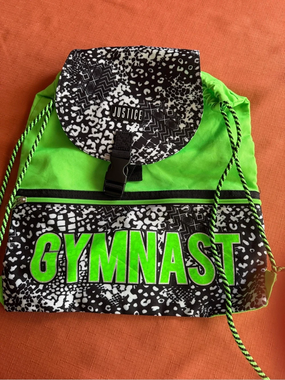 Justice Neon Green and Black Gymnast Drawstring Backpack